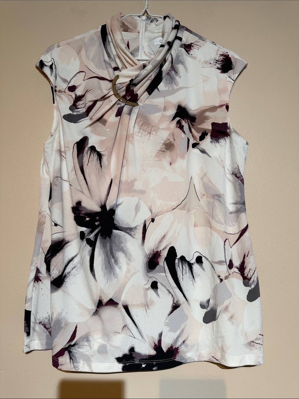 Calvin Klein White Floral Mock Neck Camisole with Ring Detail
